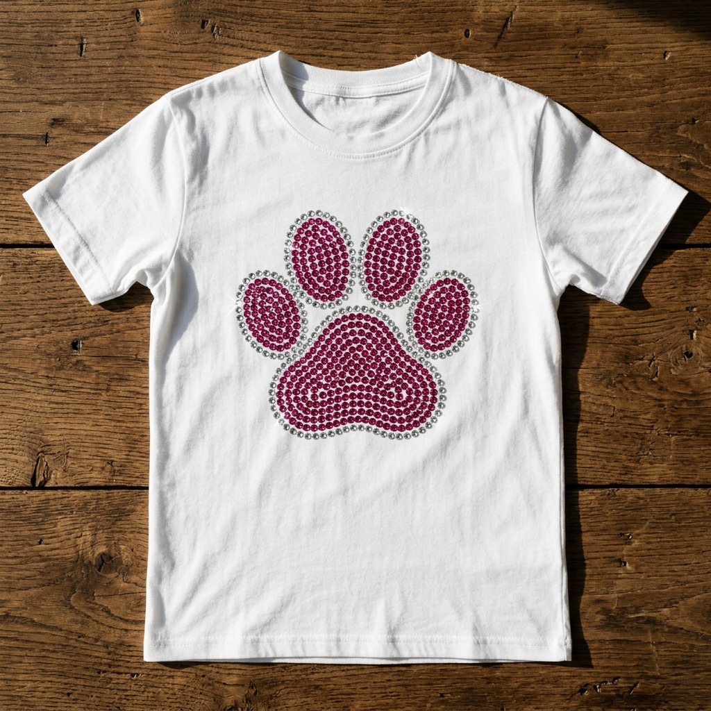 The finished shirt, its paw print set in berry and crystal rhinestones