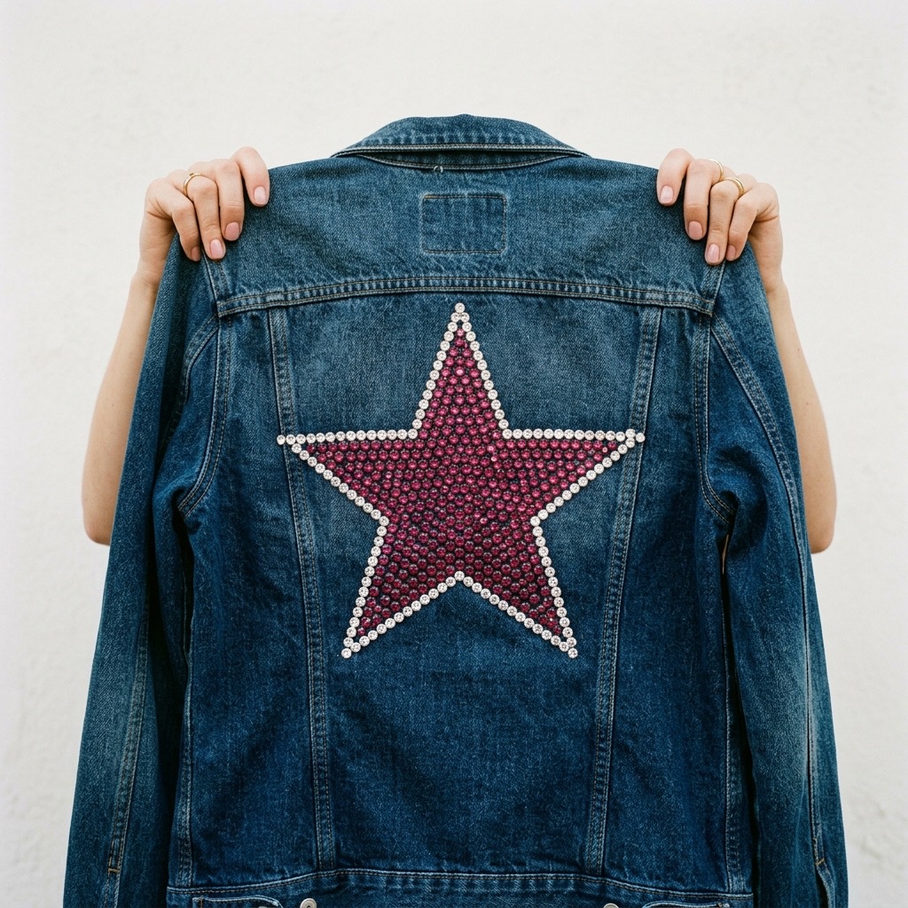 Hands holding up a denim jacket with a large rhinestone star on the back