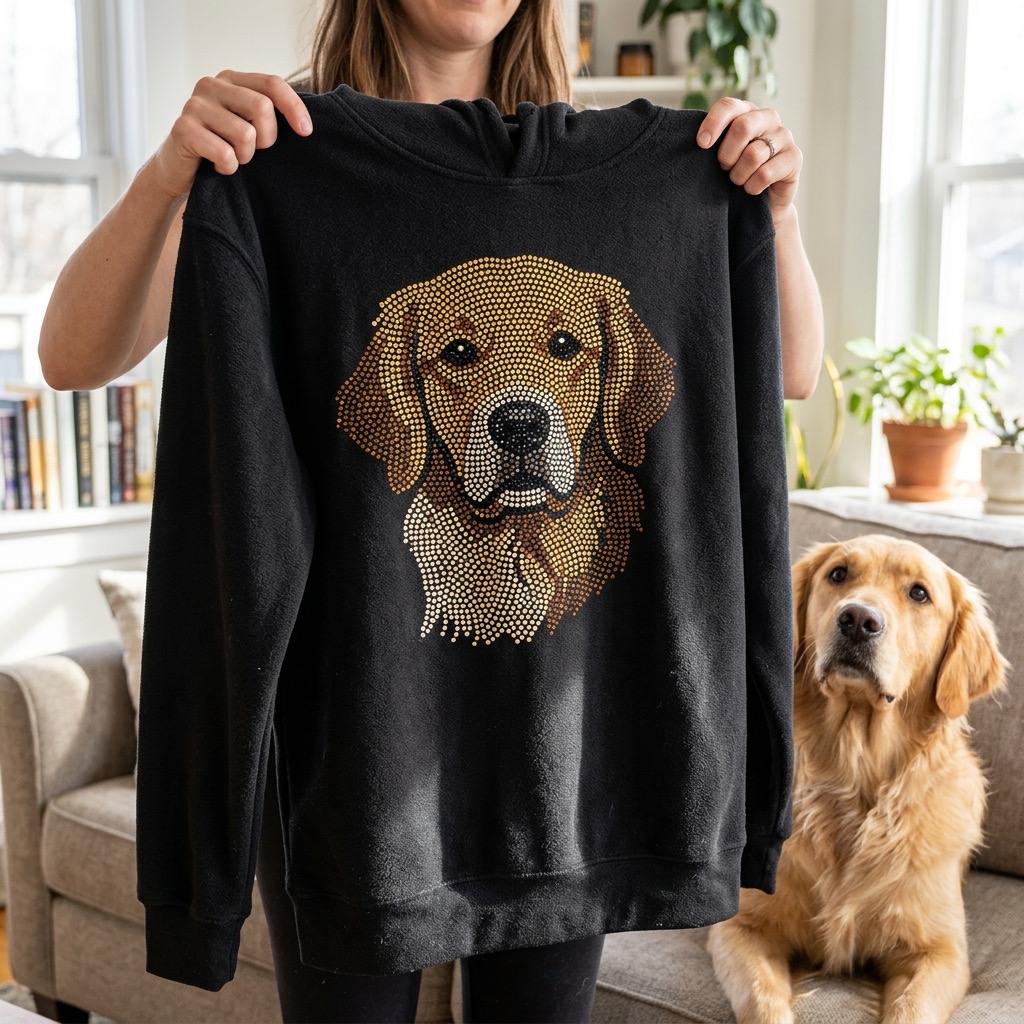 A black hoodie with a rhinestone portrait of a golden retriever, held up beside the dog it was made from