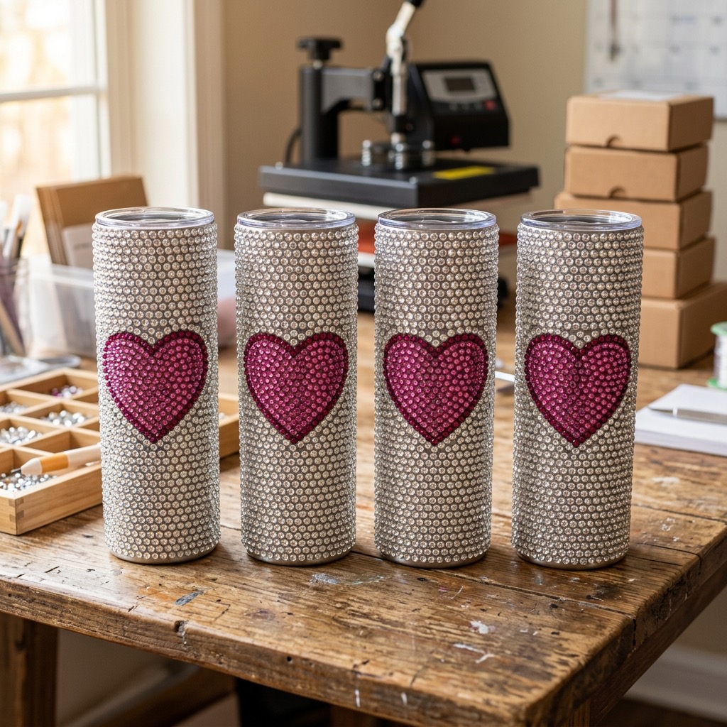 A row of finished rhinestone tumblers on a craft table with a heat press behind